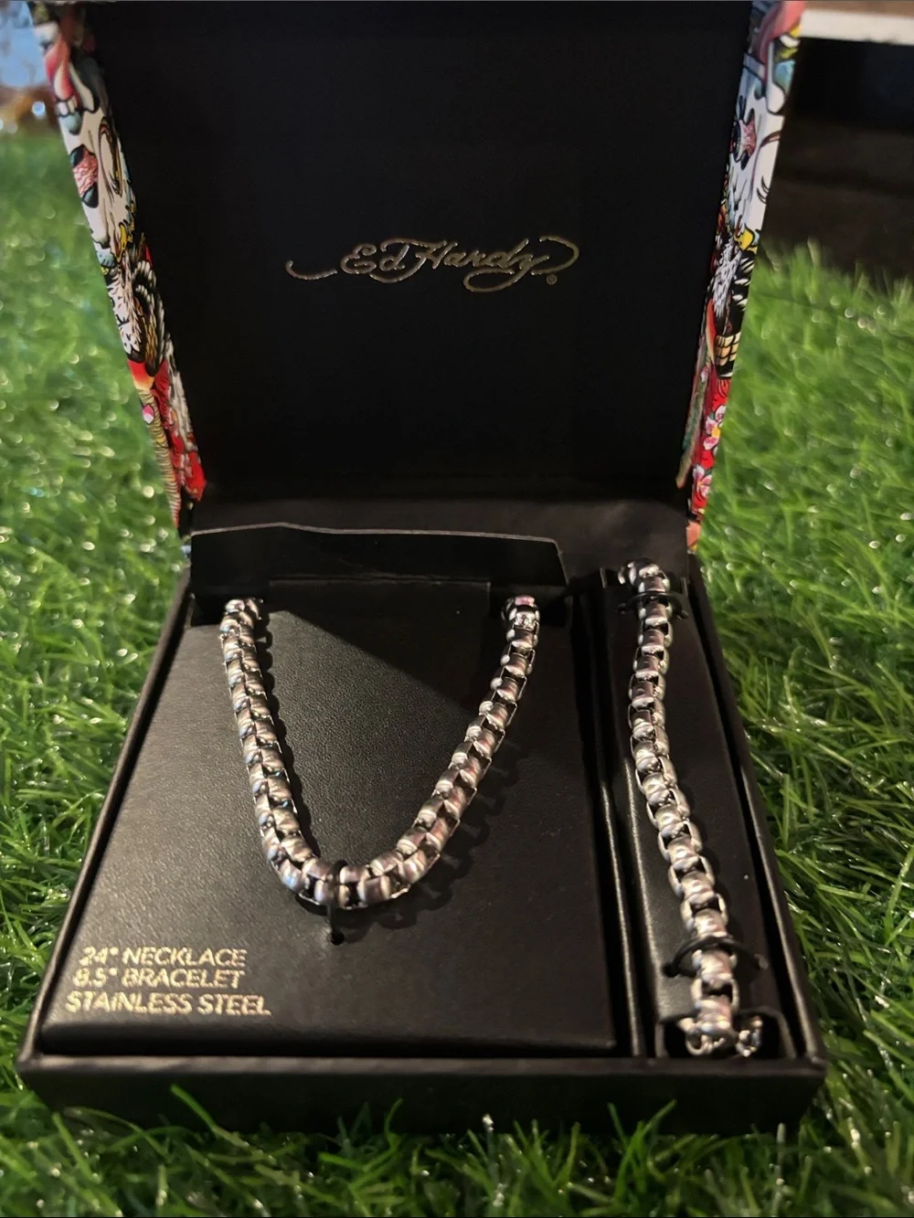 Ed Hardy Silver and Black Stainless Steel Necklace and Bracelet Set